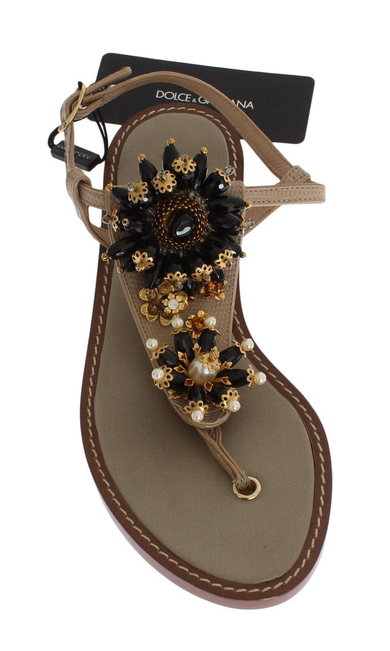 Beige Leather Crystal Floral Sandals