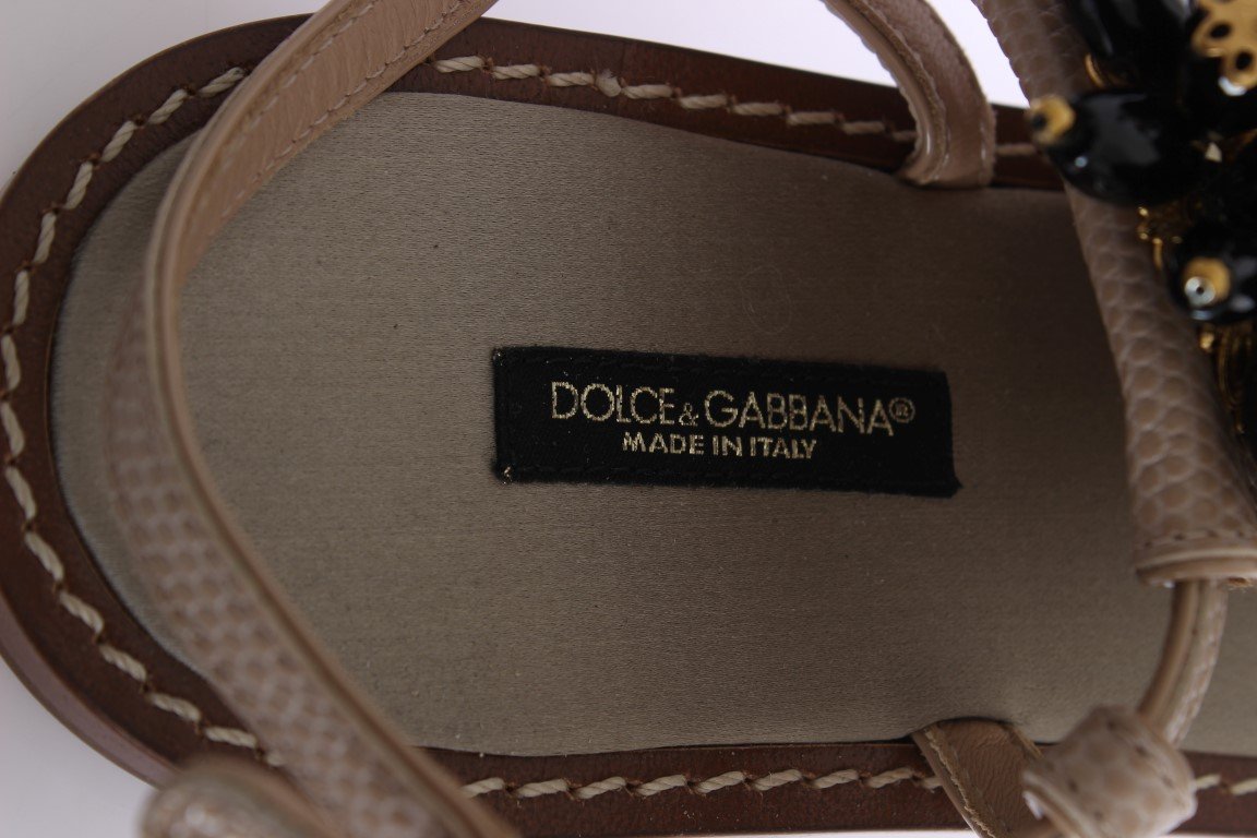 Beige Leather Crystal Floral Sandals