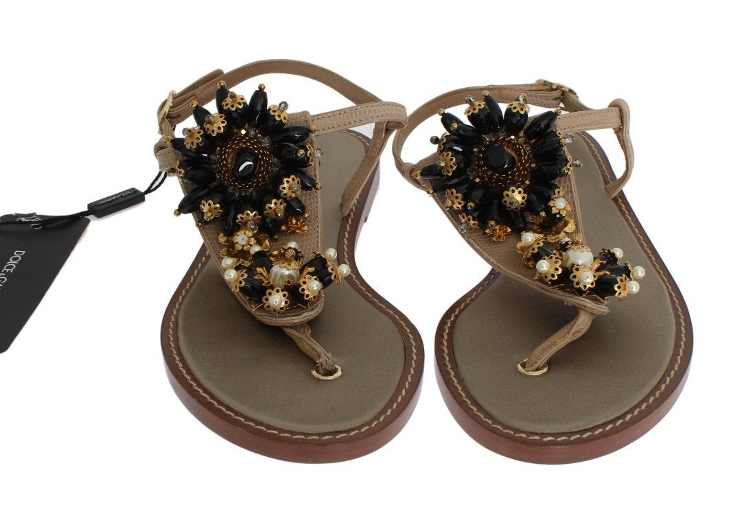 Beige Leather Crystal Floral Sandals
