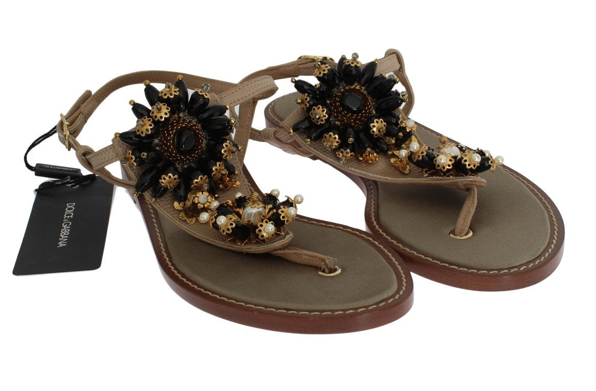 Beige Leather Crystal Floral Sandals