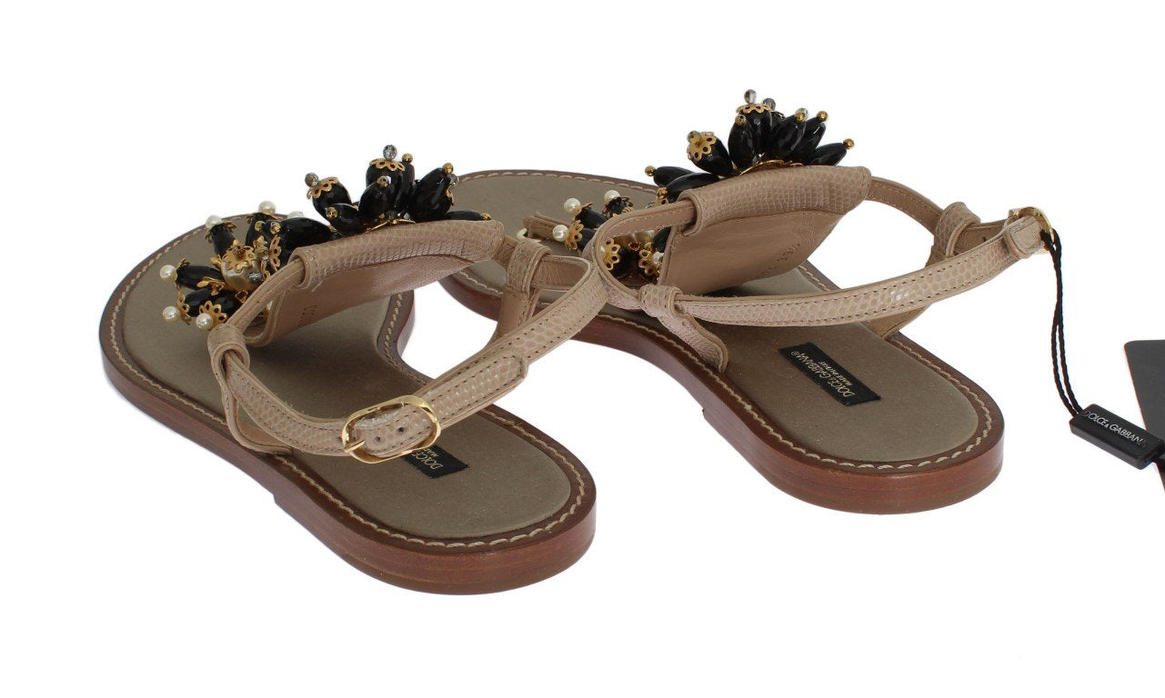 Beige Leather Crystal Floral Sandals