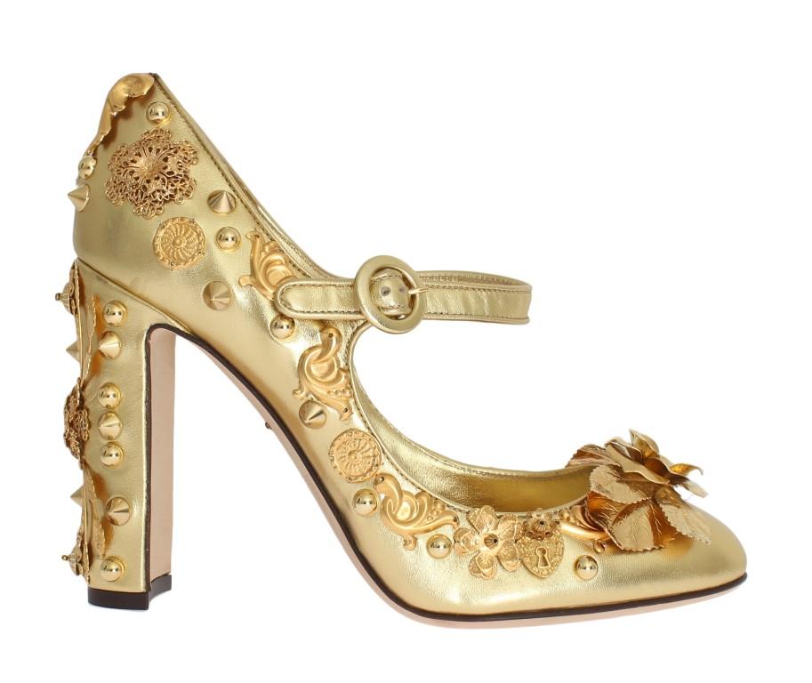 Gold Leather Floral Studded Pumps