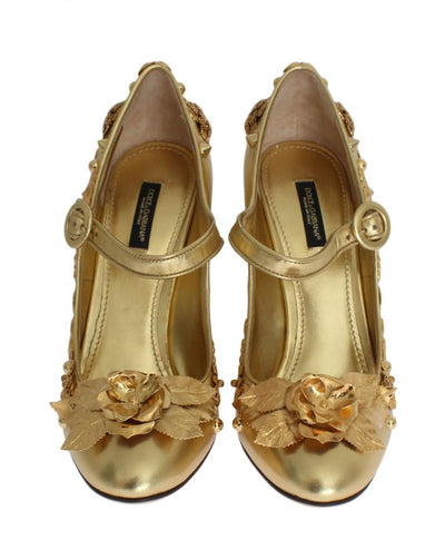 Gold Leather Floral Studded Pumps