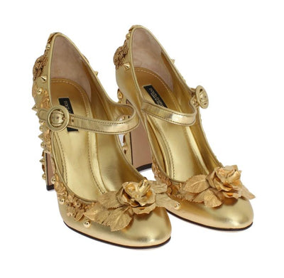 Gold Leather Floral Studded Pumps