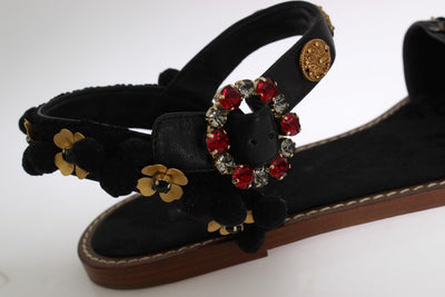 Black Leather Pom Pom Crystal Sandals