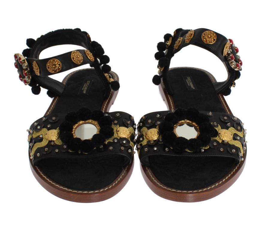 Black Leather Pom Pom Crystal Sandals