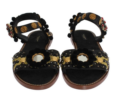 Black Leather Pom Pom Crystal Sandals