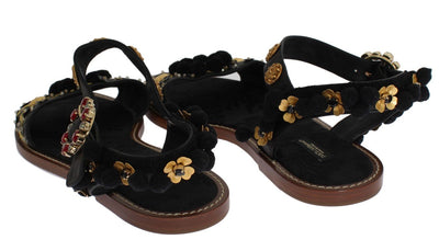 Black Leather Pom Pom Crystal Sandals