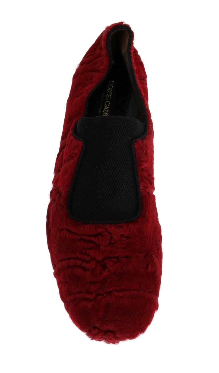 Red Leather Lamb Fur Loafers