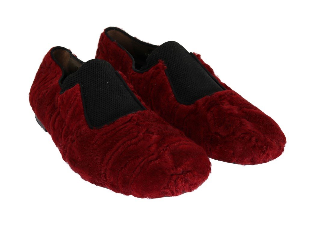 Red Leather Lamb Fur Loafers