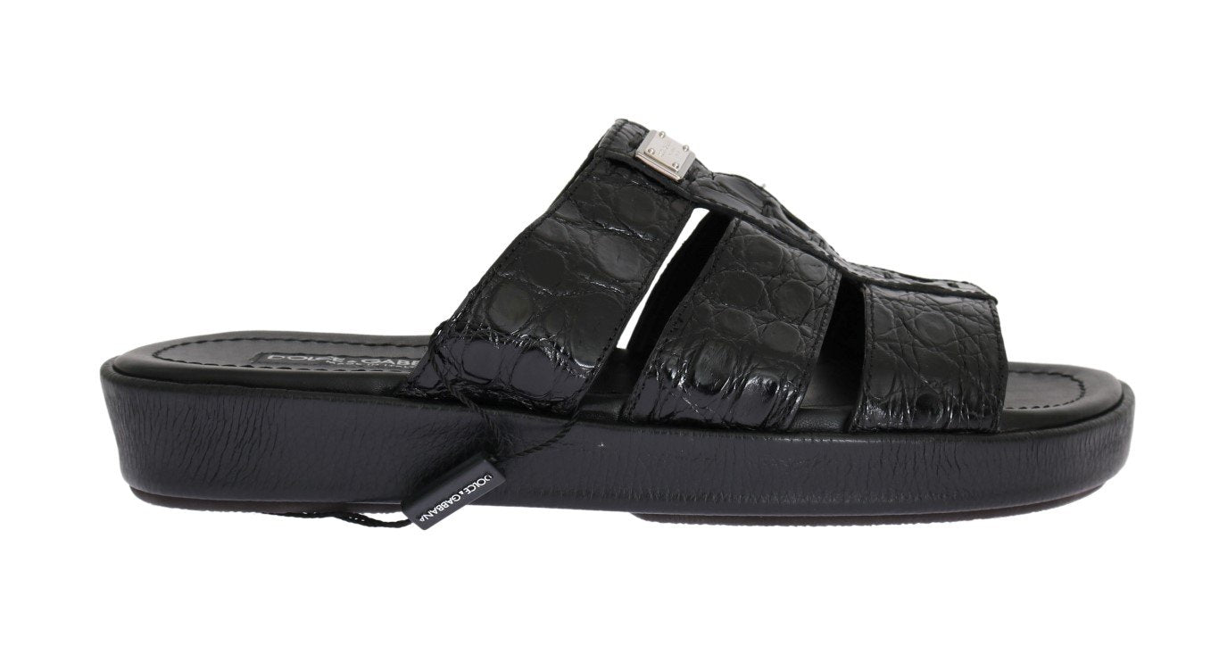 Black Pattern Leather Slides Sandals