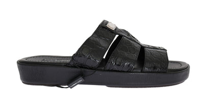 Black Pattern Leather Slides Sandals