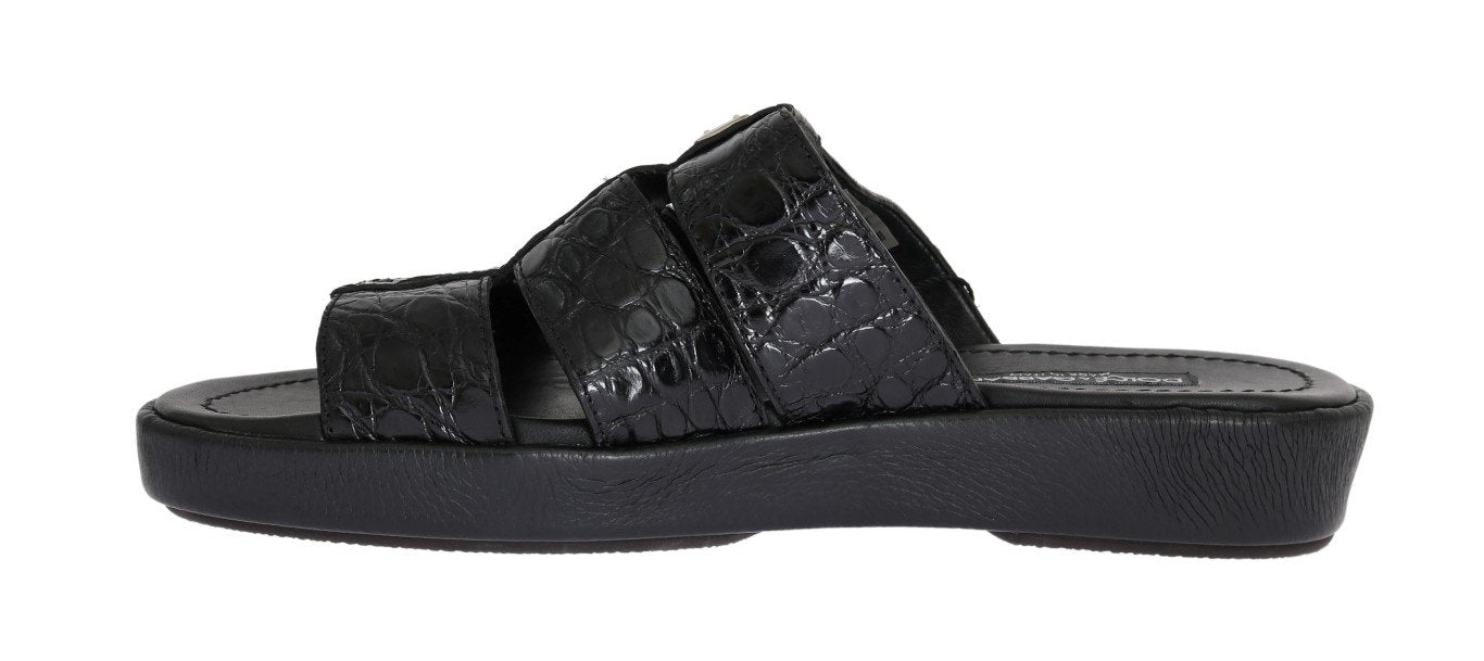 Black Pattern Leather Slides Sandals