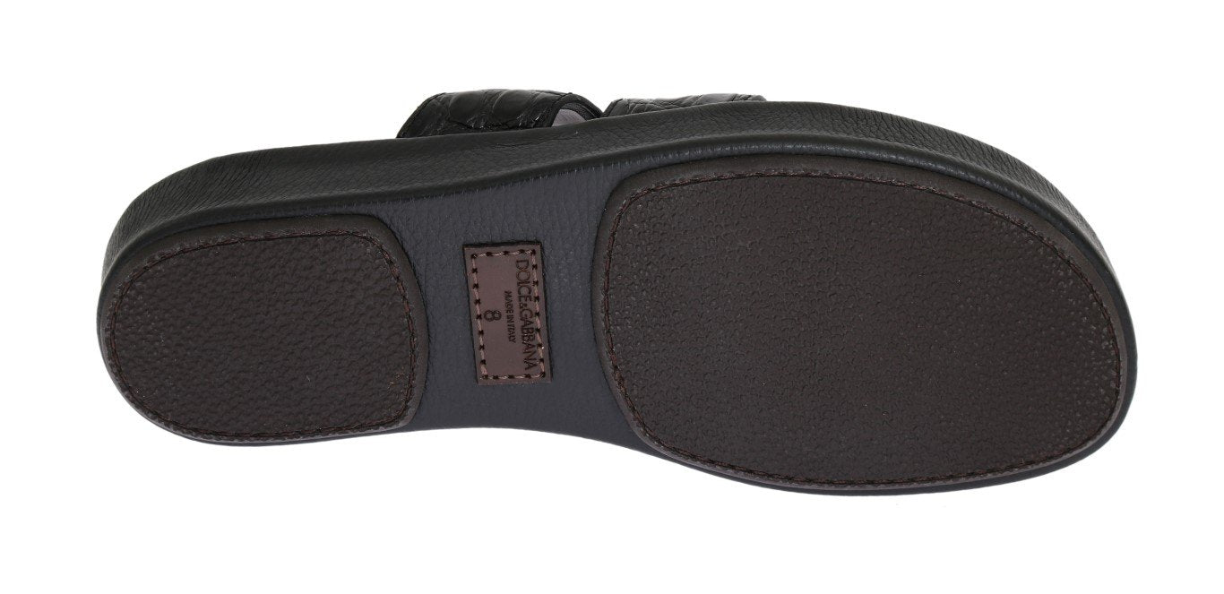 Black Pattern Leather Slides Sandals