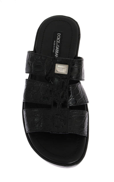 Black Pattern Leather Slides Sandals