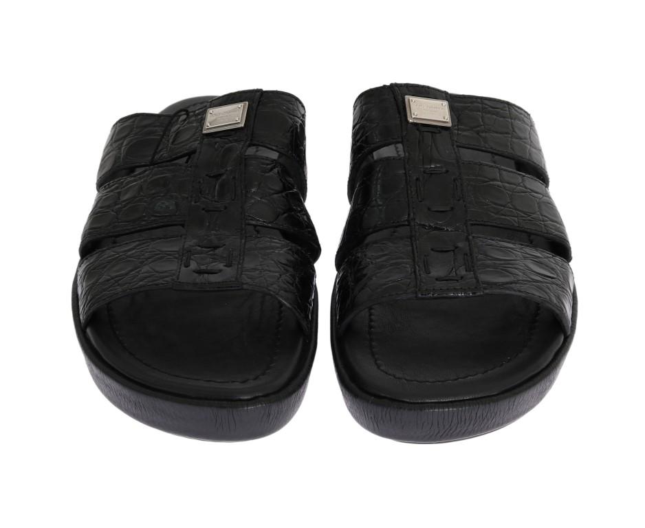 Black Pattern Leather Slides Sandals