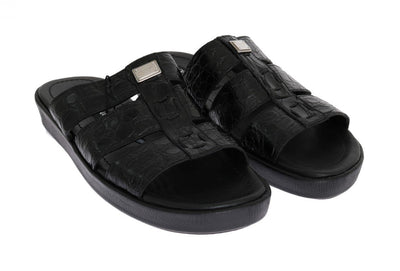 Black Pattern Leather Slides Sandals
