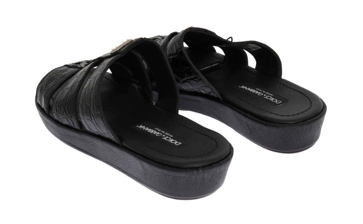 Black Pattern Leather Slides Sandals