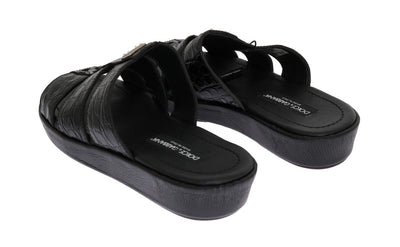 Black Pattern Leather Slides Sandals