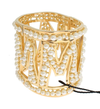 Gold Brass White Pearl MAMMA Cuff Bangle Bracelet