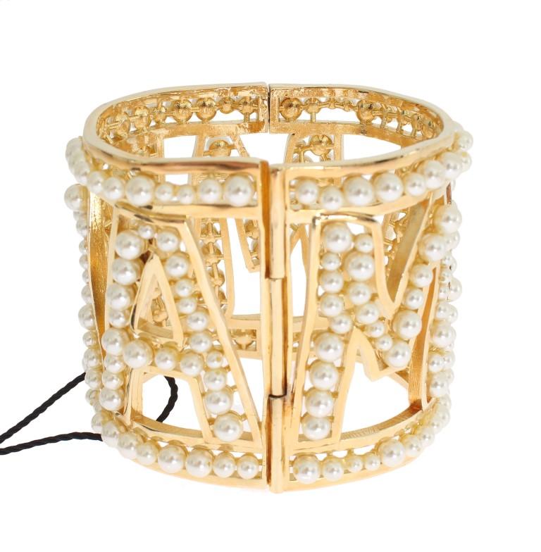 Gold Brass White Pearl MAMMA Cuff Bangle Bracelet