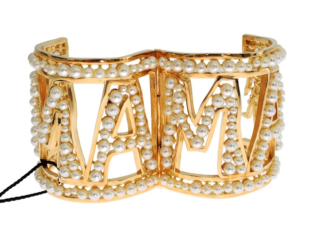Gold Brass White Pearl MAMMA Cuff Bangle Bracelet