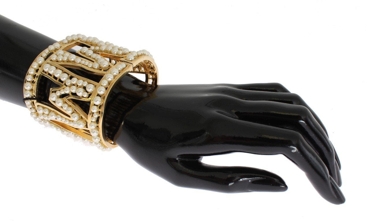 Gold Brass White Pearl MAMMA Cuff Bangle Bracelet