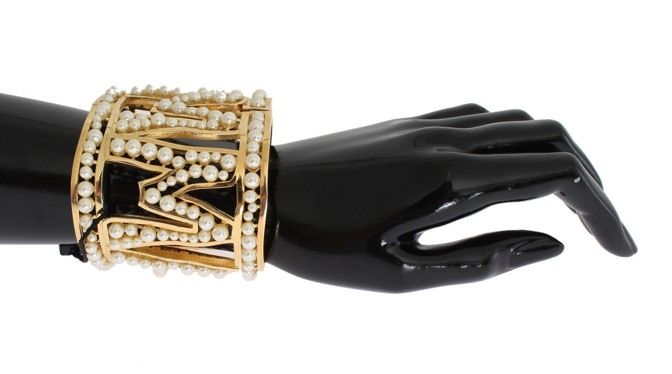 Gold Brass White Pearl MAMMA Cuff Bangle Bracelet