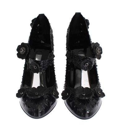 Black PVC Floral Crystal Pumps