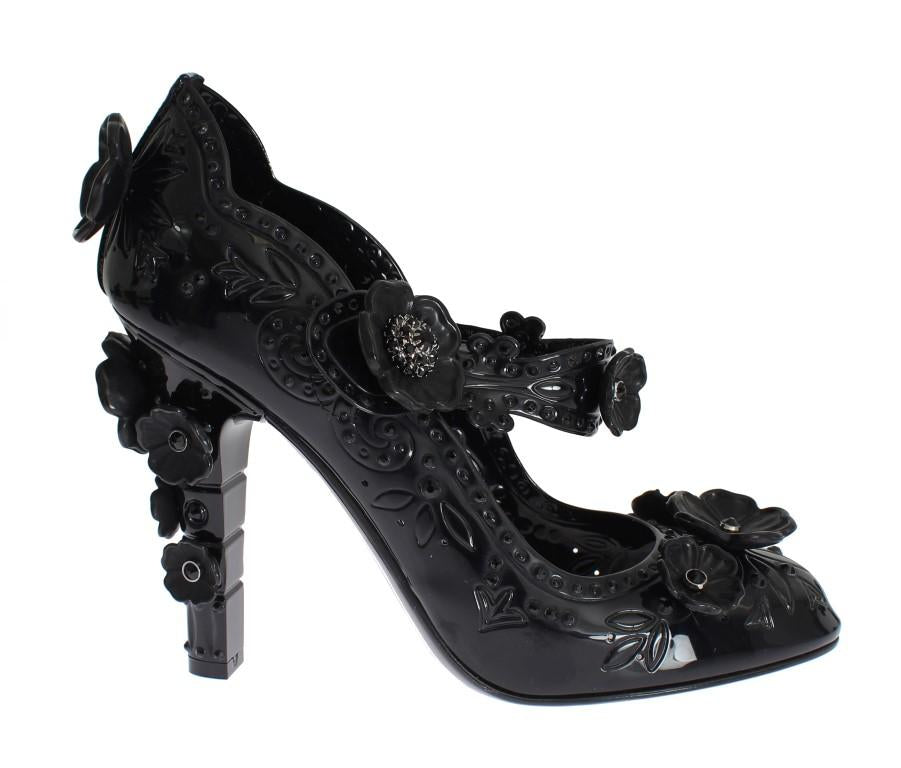 Black PVC Floral Crystal Pumps
