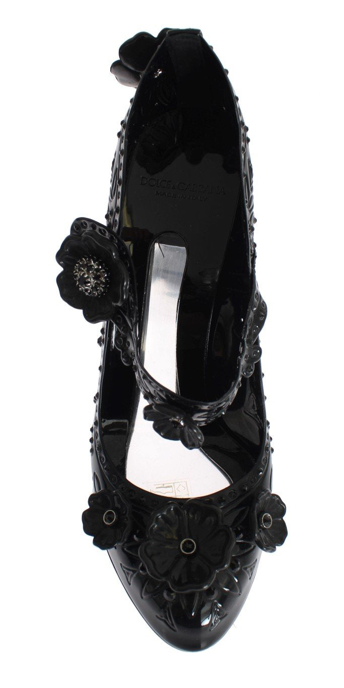 Black PVC Floral Crystal Pumps