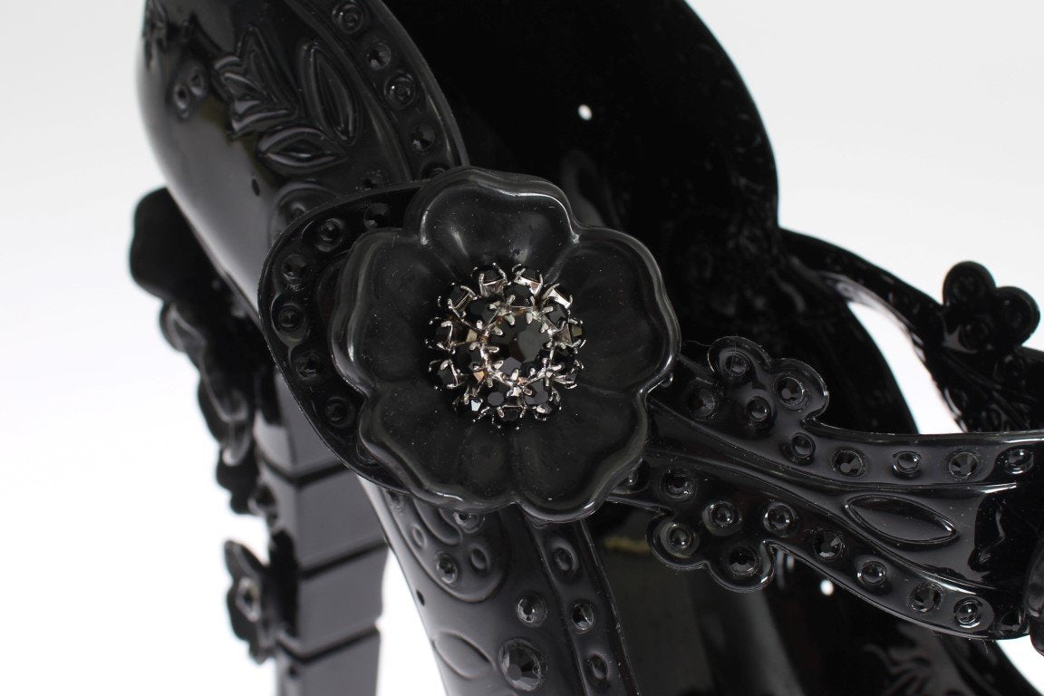 Black PVC Floral Crystal Pumps