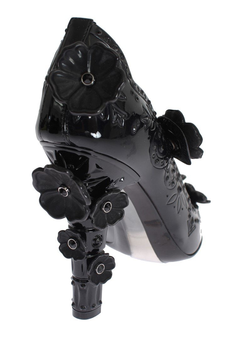 Black PVC Floral Crystal Pumps