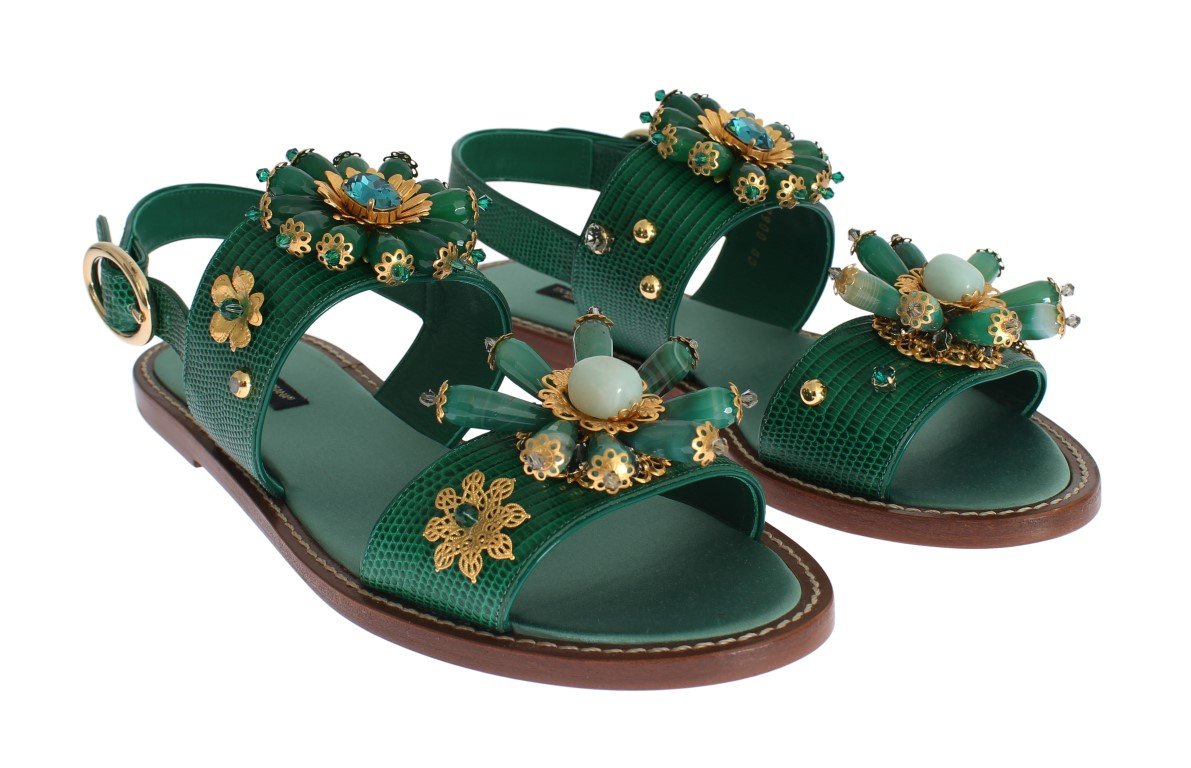 Green Leather Crystal Sandals