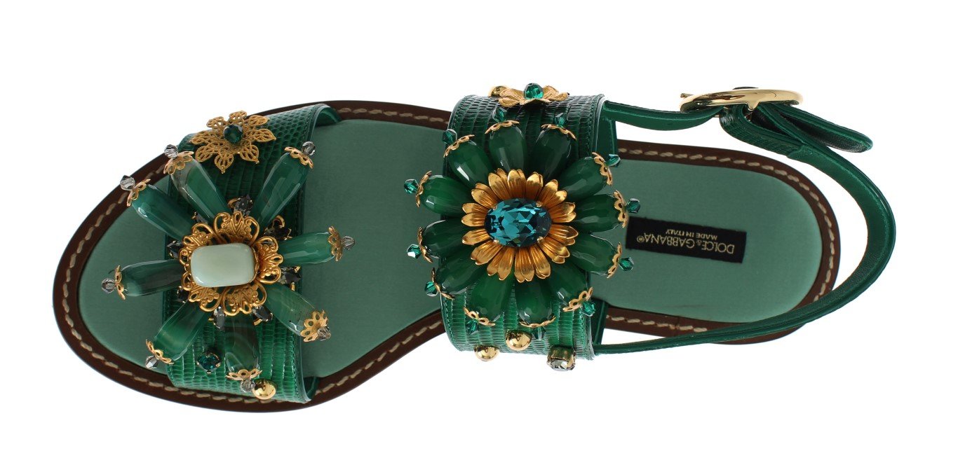 Green Leather Crystal Sandals