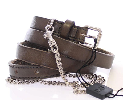 Brown Leather Logo Chain Belt