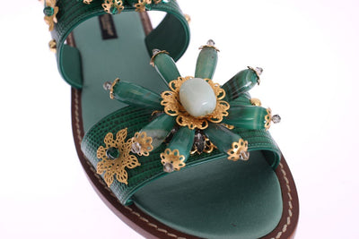 Green Leather Crystal Sandals