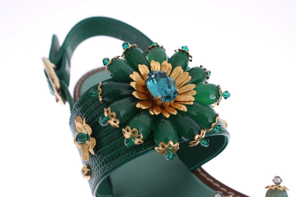 Green Leather Crystal Sandals