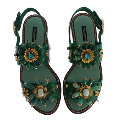 Green Leather Crystal Sandals