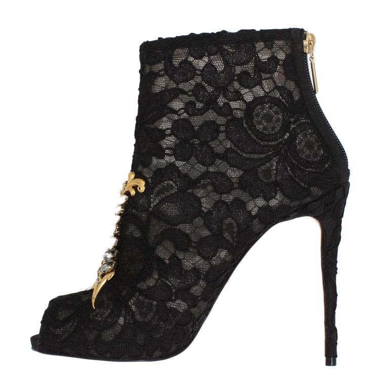 Black Crystal Lace Booties Stilettos Shoes