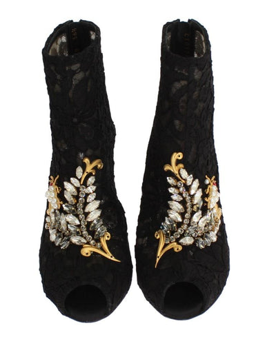 Black Crystal Lace Booties Stilettos Shoes