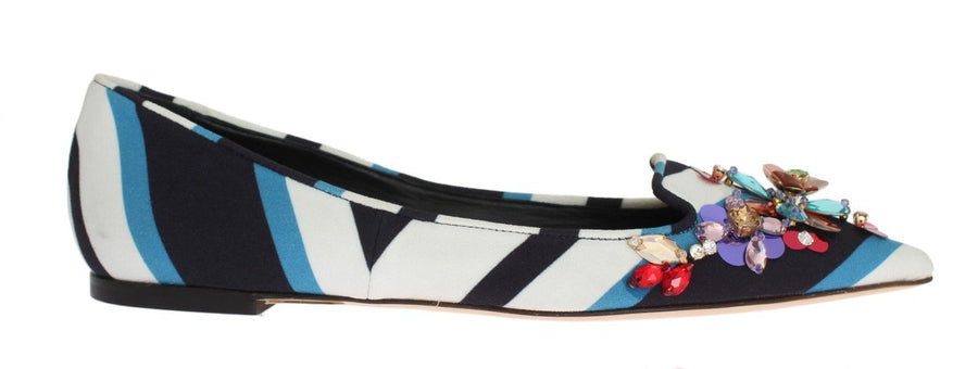 Blue White Wool Crystal Flat Loafers