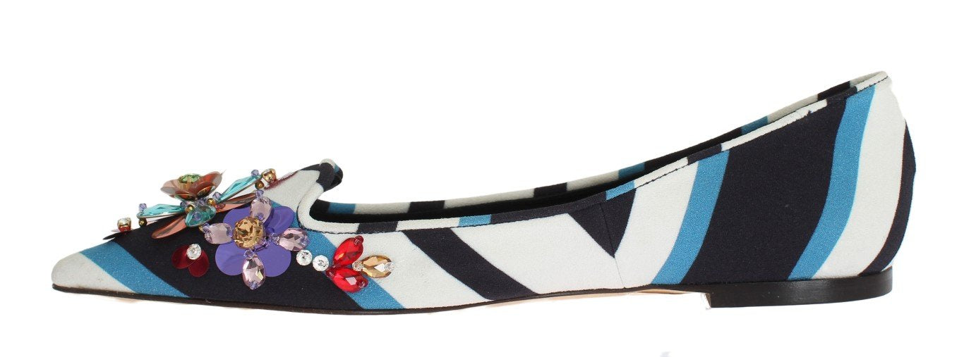 Blue White Wool Crystal Flat Loafers