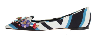 Blue White Wool Crystal Flat Loafers