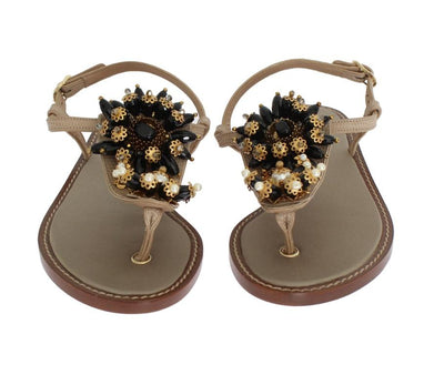 Beige Leather Crystal Floral Sandal