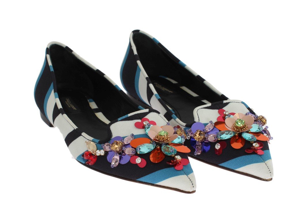Blue White Wool Crystal Flat Loafers