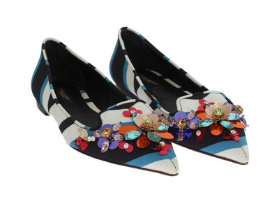 Blue White Wool Crystal Flat Loafers