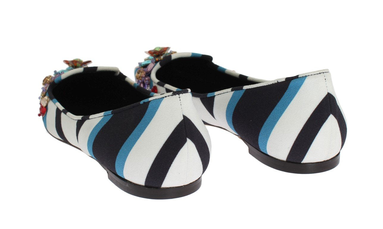 Blue White Wool Crystal Flat Loafers