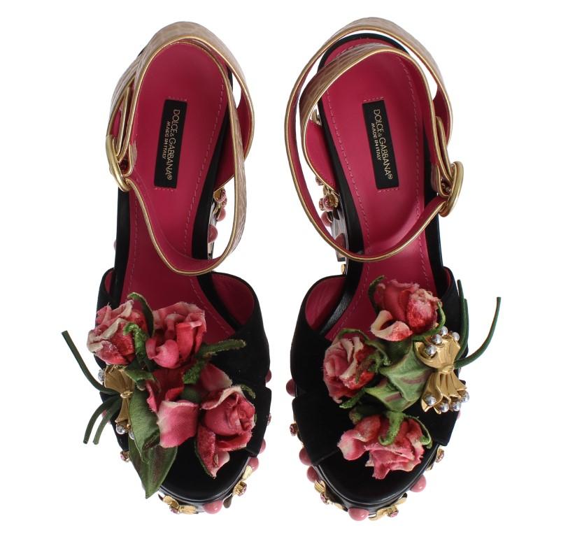 Black Leather Floral Crystal Platform Shoes