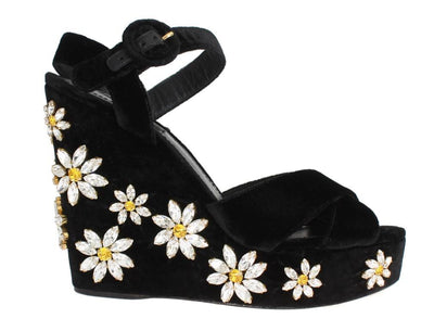 Black Velvet Crystal Wedges Sandals